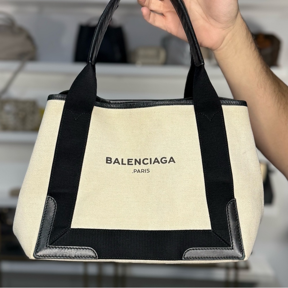 Balenciaga Cream and Black Canvas Tote Bag